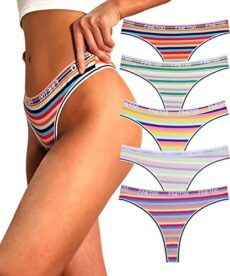 FINETOO Pack of 5 Women's Cotton Thong with Low Waist Sports Waistband Thongs Underpants Women Colourful Stripes Multipack S-XL