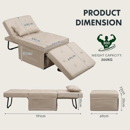 FLEXISPOT Sofa Bed, 4-in-1 Folding Bed, Convertible Sofa Bed, Single Sofa Chair Sleeper Folding Ottoman with 6 Position Adjustable Backrest and Pillow Guest Bed for Living Room and Bedroom - Image 4