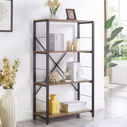 FOLUBAN 4 Tier Open Bookshelf, Vintage Free Standing Book Shelf, Rustic Wood and Metal Bookcase for Home Office, Oak - Image 2