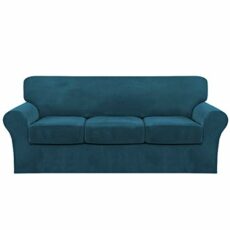 FantasDecor 4 Piece Sofa Velvet Couch Covers for 3 Cushion Stretch Slipcover with Individual Seat Cushion Elastic Furniture Protector for Pets, Machine Washable (Sofa, Deep Teal)