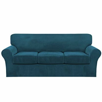 FantasDecor 4 Piece Sofa Velvet Couch Covers for 3 Cushion Stretch Slipcover with Individual Seat Cushion Elastic Furniture Protector for Pets, Machine Washable (Sofa, Deep Teal) - Image 2