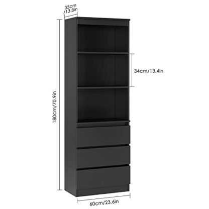 FirFurd 180cm Tall Bookcase Bookshelf with 3 Drawers and Shelves Living Room Storage Cabinet Freestanding Display Cupboard Unit Wooden - Image 4