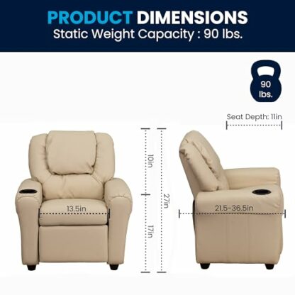 Flash Furniture Vana Contemporary Beige Vinyl Kids Recliner with Cup Holder and Headrest - Image 3