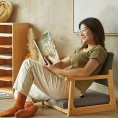 Floor Chair with Back Support Wood Floor Gaming Chair for Comfortable Padded Meditation, Reading, Tatami Chair for Bay Window Living Room Bedroom Gray Color