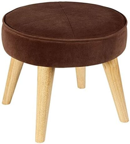 Footrest Ottoman Foot Stool with 4 Legs Oak Wooden Pouffe Chair round Ottoman Removable Linen Cover Upholstered Footrest Makeup Stool for Living Room Hallway 40X36Cm Home Decor - Image 2