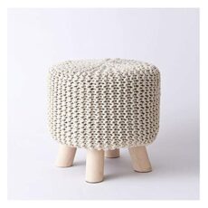 Footrest Ottoman Ottoman Footstool Cotton Hand Woven Footstool Living Room Footrest round Stool Wooden Leg Sofa Stool with 4 No-S Legs