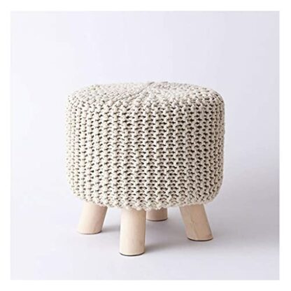 Footrest Ottoman Ottoman Footstool Cotton Hand Woven Footstool Living Room Footrest round Stool Wooden Leg Sofa Stool with 4 No-S Legs - Image 2
