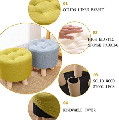Footrest Ottoman Upholstered Footstool round Wooden Ottoman Pouffe,Upholstered Foot Stool Linen Footrest Seat with 4 Wooden Legs,Small Stool Chair for Living Room Bedroom - Image 3