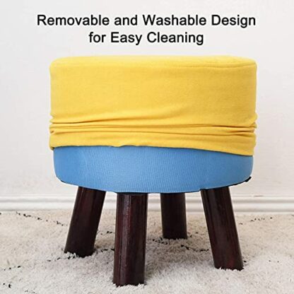 Footrest Ottoman Wooden Support Upholstered Footstool, Ottoman Pouffe Chair Stool with Removable Linen Cover for Bedroom Living Room - Image 3