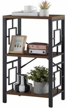 Freexployer Bookshelf, 3 Tier Vintage Industrial Bookcase, Rustic Wood and Metal Open Shelf Bookcase, Small Bookshelf for Small Spaces, Home Office, Bedroom, Living Room, Kitchen, Retro Brown