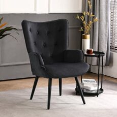 Furniliving Velvet Accent Chair Modern Upholstered Side Armchair with Tapered Legs Tufted Button Wingback Sofa Chairs Tall Back Reading Chair for Living Room Bedroom Waiting Room, Black