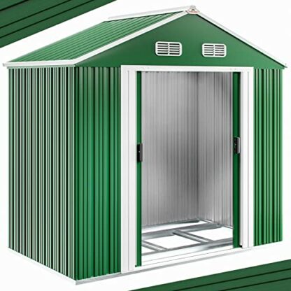 GARDEBRUK® Large 6x4' Metal Tool Shed With Foundation | 2m² 4m³ | Apex Roof | 196x132x188cm | Sliding Door | Galvanised Steel Garden Equipment Bike Log Storage | Green 2 GARDEBRUK® Large 6x4' Metal Tool Shed With Foundation | 2m² 4m³ | Apex Roof | 196x132x188cm | Sliding Door | Galvanised Steel Garden Equipment Bike Log Storage | Green - Image 2