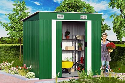 GARDEBRUK® Large 6x4' Metal Tool Shed With Foundation | 2m² 4m³ | Pent Roof | 200x125x185cm | Sliding Door | Galvanised Steel Garden Equipment Bike Log Storage | Green 3 GARDEBRUK® Large 6x4' Metal Tool Shed With Foundation | 2m² 4m³ | Pent Roof | 200x125x185cm | Sliding Door | Galvanised Steel Garden Equipment Bike Log Storage | Green - Image 3
