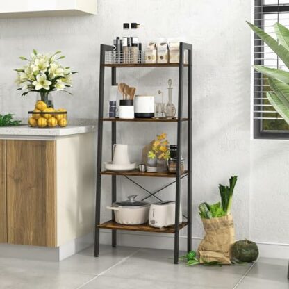 GAWENTINY Bookcase Bookshelf Ladder Shelf 4-Tier Steel Frame Industrial Style Storage Rack Organiser Standing Shelf for Office Study Living Room Bedroom - Image 3