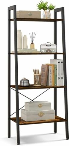 GAWENTINY Bookcase Bookshelf Ladder Shelf 4-Tier Steel Frame Industrial Style Storage Rack Organiser Standing Shelf for Office Study Living Room Bedroom