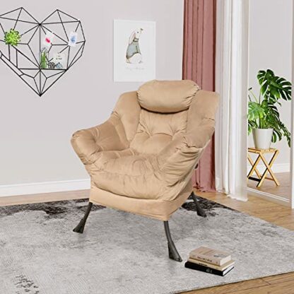 GOLDSUN Velvet Fabric Accent Chair Lazy Reclining Armchair with Removable Metal Legs and a Side Pocket, Comfy Upholstered Single Leisure Sofa Chair for Living Room, Bedroom, Office (Beige) 3 GOLDSUN Velvet Fabric Accent Chair Lazy Reclining Armchair with Removable Metal Legs and a Side Pocket, Comfy Upholstered Single Leisure Sofa Chair for Living Room, Bedroom, Office (Beige) - Image 3