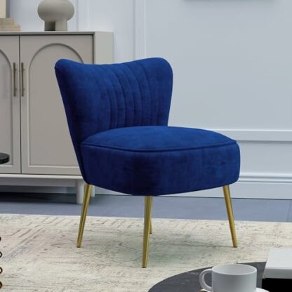 HOMCOM Accent Chair, Velvet Armless Lounge Chair with Gold Tone Steel Legs, Upholstered Occasional Tub Chair for Bedroom, Living Room, Blue - Image 3