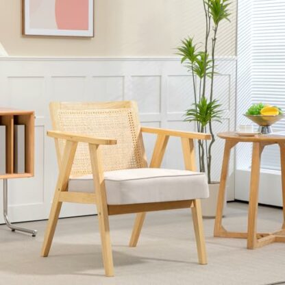 HOMCOM Armchair, Fabric Accent Chair with Rattan Back, Rubber Wood Frame and Padded Seat Cushion for Living Room, Bedroom, Home Office, Cream White Finish 3 HOMCOM Armchair, Fabric Accent Chair with Rattan Back, Rubber Wood Frame and Padded Seat Cushion for Living Room, Bedroom, Home Office, Cream White Finish - Image 3