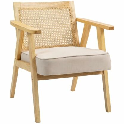 HOMCOM Armchair, Fabric Accent Chair with Rattan Back, Rubber Wood Frame and Padded Seat Cushion for Living Room, Bedroom, Home Office, Cream White Finish 2 HOMCOM Armchair, Fabric Accent Chair with Rattan Back, Rubber Wood Frame and Padded Seat Cushion for Living Room, Bedroom, Home Office, Cream White Finish - Image 2