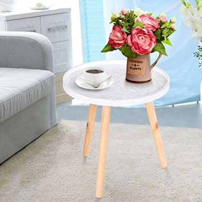HOMCOM Coffee Table, Carved Floral Round Table with Tray-style Top and Wood Legs, Modern Side Table for Living Room, White - Image 3