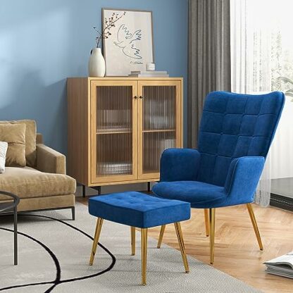 HOMCOM Modern Armchair with Footstool, Upholstered Accent Chair with Ottoman, Steel Legs, Velvet Wingback Chair for Living Room, Bedroom, Home Study - Image 3