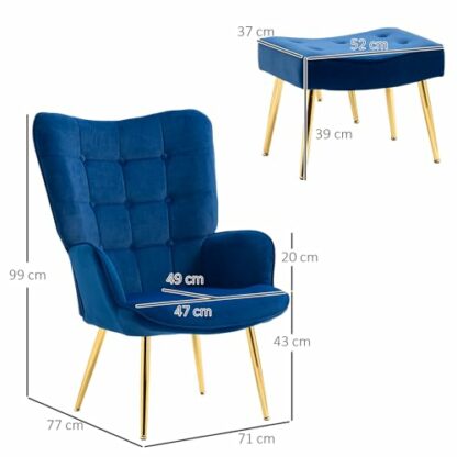 HOMCOM Modern Armchair with Footstool, Upholstered Accent Chair with Ottoman, Steel Legs, Velvet Wingback Chair for Living Room, Bedroom, Home Study - Image 4
