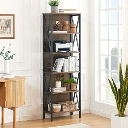 HOMISSUE Bookshelf, 6-Tier Bookshelf, Rustic Wood Metal Bookshelves and Bookcases, Freestanding Open Bookshelf, Industrial Tall Bookcase for Home Office, Living Room and Bedroom, Vintage Brown - Image 4