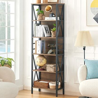 HOMISSUE Bookshelf, 6-Tier Bookshelf, Rustic Wood Metal Bookshelves and Bookcases, Freestanding Open Bookshelf, Industrial Tall Bookcase for Home Office, Living Room and Bedroom, Vintage Brown - Image 2