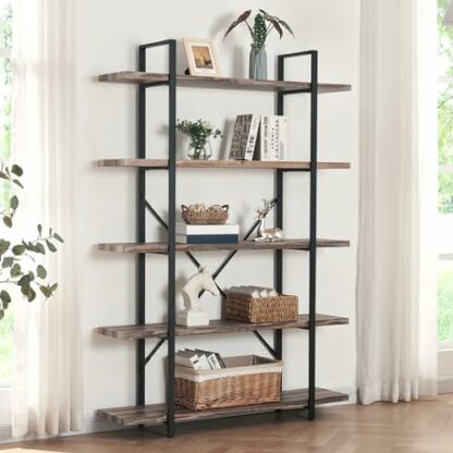 HOMISSUE Industrial Bookcase 5 Tier Bookcase, Rustic Storage Shelf with Open Shelves for Living Room, Bedroom and Kitchen, Retro Brown - Image 4