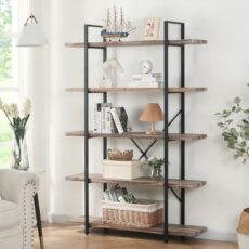 HOMISSUE Industrial Bookcase 5 Tier Bookcase, Rustic Storage Shelf with Open Shelves for Living Room, Bedroom and Kitchen, Retro Brown