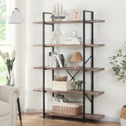 HOMISSUE Industrial Bookcase 5 Tier Bookcase, Rustic Storage Shelf with Open Shelves for Living Room, Bedroom and Kitchen, Retro Brown - Image 2