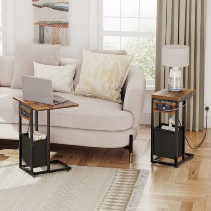 HOOBRO C Shaped Side Table, Sofa Side Table with Charging Station, Foldable Laptop Table for Sofa, 2 USB Ports and 2 AC Outlets, Bedside Table with Fabric Bag, Rustic Brown and Black EBF30KSF01 - Image 3