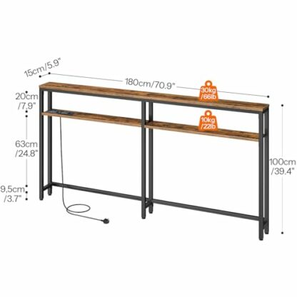 HOOBRO Slim Console Table with Charging Station, 100 cm Tall Behind Sofa Couch Table, 180 cm Extra Long Sofa Table with Shelf, Narrow Console Table for Hallway, Entryway, Rustic Brown EBF182KXG01 - Image 4
