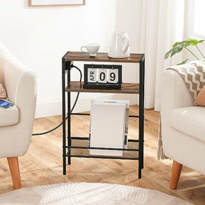HOOBRO Slim Side Table with Charging Station, Narrow Side Table with USB Ports and Power Outlet, 42 x 18 x 65 cm, 3-Tier End Table for Small Space, Bedside Table, Rustic Brown and Black EBF102KBZ01 - Image 3
