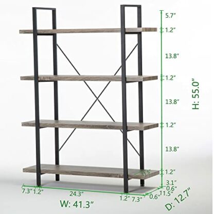 HSH 4-Shelf Vintage Industrial Bookshelf, Rustic Gray Wood and Metal 4 Tier Bookcase, Open Wide Etagere Book Shelf for Home Office Livingroom Bedroom Dispaly, Light Grey Oak 3 HSH 4-Shelf Vintage Industrial Bookshelf, Rustic Gray Wood and Metal 4 Tier Bookcase, Open Wide Etagere Book Shelf for Home Office Livingroom Bedroom Dispaly, Light Grey Oak - Image 3