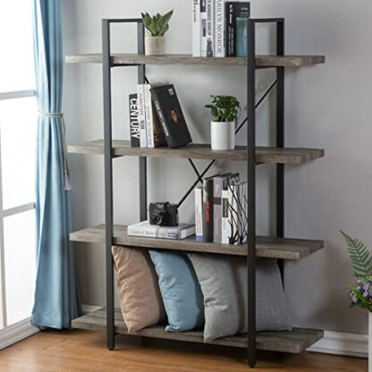 HSH 4-Shelf Vintage Industrial Bookshelf, Rustic Gray Wood and Metal 4 Tier Bookcase, Open Wide Etagere Book Shelf for Home Office Livingroom Bedroom Dispaly, Light Grey Oak 2 HSH 4-Shelf Vintage Industrial Bookshelf, Rustic Gray Wood and Metal 4 Tier Bookcase, Open Wide Etagere Book Shelf for Home Office Livingroom Bedroom Dispaly, Light Grey Oak - Image 2