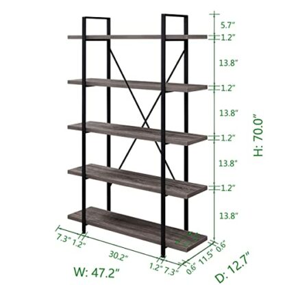HSH 5-Shelf Vintage Industrial Rustic Bookshelf, Wood and Metal Bookcase, Open Etagere Book Shelf, Gray Oak - Image 3