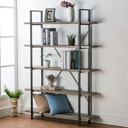 HSH 5-Shelf Vintage Industrial Rustic Bookshelf, Wood and Metal Bookcase, Open Etagere Book Shelf, Gray Oak - Image 2