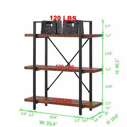HSH Natural Real Wood Bookshelf, 3 Tier Rustic Vintage Industrial Etagere Bookcase, Open Metal Farmhouse Solid Wooden Book Shelf, Distressed Brown 3 HSH Natural Real Wood Bookshelf, 3 Tier Rustic Vintage Industrial Etagere Bookcase, Open Metal Farmhouse Solid Wooden Book Shelf, Distressed Brown - Image 3