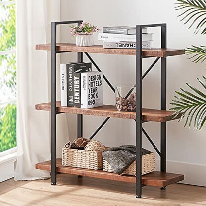 HSH Natural Real Wood Bookshelf, 3 Tier Rustic Vintage Industrial Etagere Bookcase, Open Metal Farmhouse Solid Wooden Book Shelf, Distressed Brown 2 HSH Natural Real Wood Bookshelf, 3 Tier Rustic Vintage Industrial Etagere Bookcase, Open Metal Farmhouse Solid Wooden Book Shelf, Distressed Brown - Image 2