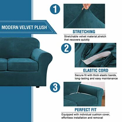 H.VERSAILTEX Modern Velvet Plush 4 Piece High Stretch Sofa Slipcover Strap Sofa Cover Furniture Protector Form Fit Luxury Thick Velvet Sofa Cover for 3 Cushion Couch, Machine Washable(Sofa,Deep Teal) - Image 4