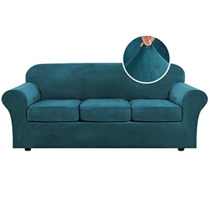H.VERSAILTEX Modern Velvet Plush 4 Piece High Stretch Sofa Slipcover Strap Sofa Cover Furniture Protector Form Fit Luxury Thick Velvet Sofa Cover for 3 Cushion Couch, Machine Washable(Sofa,Deep Teal) - Image 2