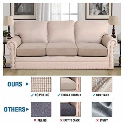 H.VERSAILTEX Super Stretch Individual Seat Cushion/Couch Slipcover Sets Thick Jacquard Textured Twill Fabric (3 Piece Sofa Covers, Sand) - Image 3