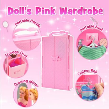 HappyGoLucky 11.5 Inch Doll Wardrobe with 47 Pcs Doll Clothes and Accessories, Girls Birthday Gifts, Doll Toys for Girls Including Wedding Dress Outfits Swimwear Skirt Shoes Hangers Bags Jewelry - Image 3