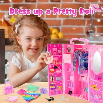 HappyGoLucky 11.5 Inch Doll Wardrobe with 47 Pcs Doll Clothes and Accessories, Girls Birthday Gifts, Doll Toys for Girls Including Wedding Dress Outfits Swimwear Skirt Shoes Hangers Bags Jewelry - Image 4