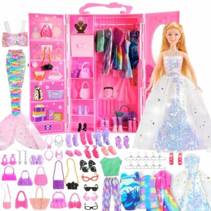 HappyGoLucky 11.5 Inch Doll Wardrobe with 47 Pcs Doll Clothes and Accessories, Girls Birthday Gifts, Doll Toys for Girls Including Wedding Dress Outfits Swimwear Skirt Shoes Hangers Bags Jewelry - Image 2
