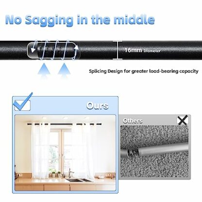 Harrms Curtain Poles Matt Black/White, 16mm Voile Curtain Pole for Windows with Brackets and Cap Finials, Blackout Curtain Rod Metal Extendable for Eyelet Curtains - Image 3