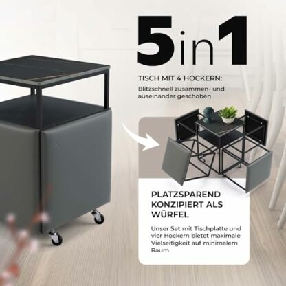 Heimtrend 5-in-1 Cube - Stool Set of 4 with Side Table - Wheels [Foldable] Space Saving | Seat Cube Chairs Pouf Storage Space - Living Room Dining Room Bedroom - Choose Stool Now - Image 3