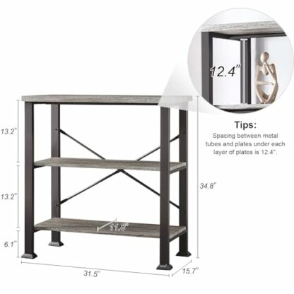 Hombazaar 3-Tier Bookshelf, Rustic Industrial Style Bookcase Furniture, Free Standing Storage Shelves for Living Room Bedroom and Kitchen, Grey Oak - Image 3