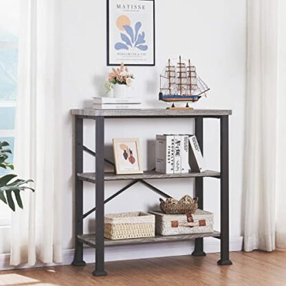 Hombazaar 3-Tier Bookshelf, Rustic Industrial Style Bookcase Furniture, Free Standing Storage Shelves for Living Room Bedroom and Kitchen, Grey Oak - Image 4